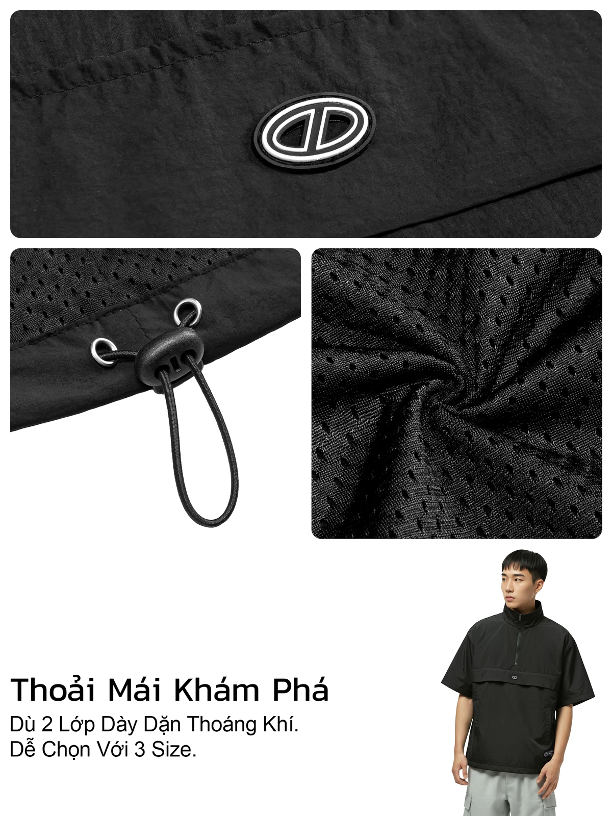 Áo Anorak ngắn tay vải dù nhăn 2 lớp ONTOP màu đen, có dây rút Half-Zip Anorak Shirt | O-T11