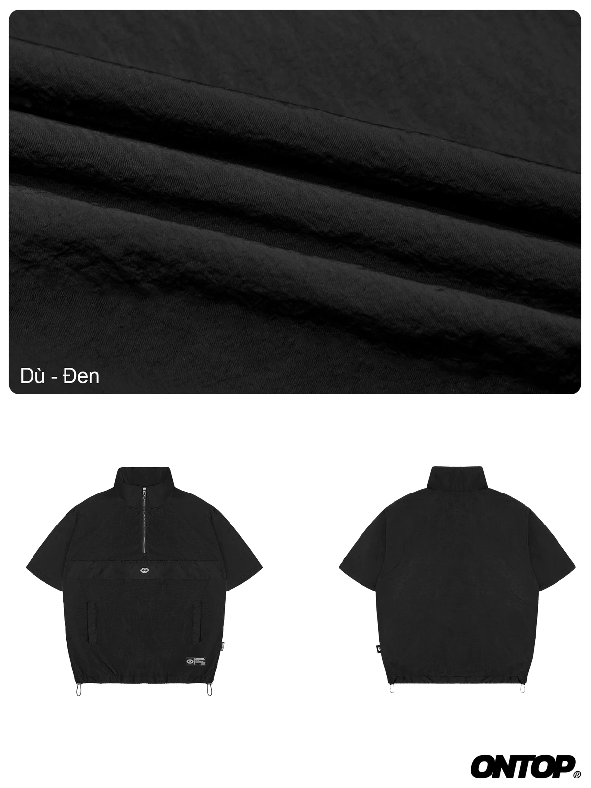 Áo Anorak ngắn tay vải dù nhăn 2 lớp ONTOP màu đen, có dây rút Half-Zip Anorak Shirt | O-T11