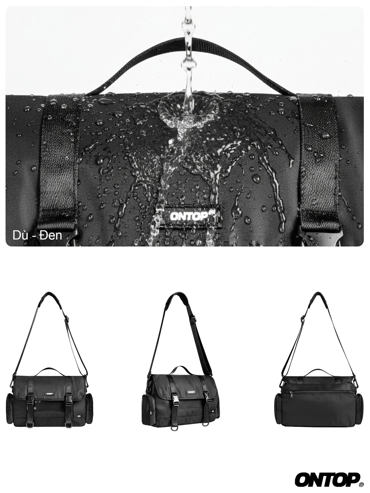 Túi messenger đeo chéo nam nắp gập ONTOP vải dù lạnh phối lưới, khóa cài kép bảo mật Snap Buckles Messenger Bag | O-B80