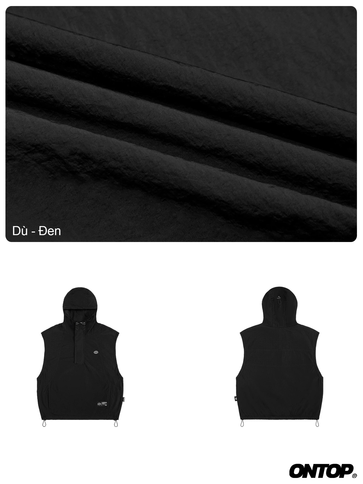 Áo khoác gile vải dù nhăn 2 lớp ONTOP màu đen có mũ kèm dây rút Nomad Hooded Vest | O-AK9