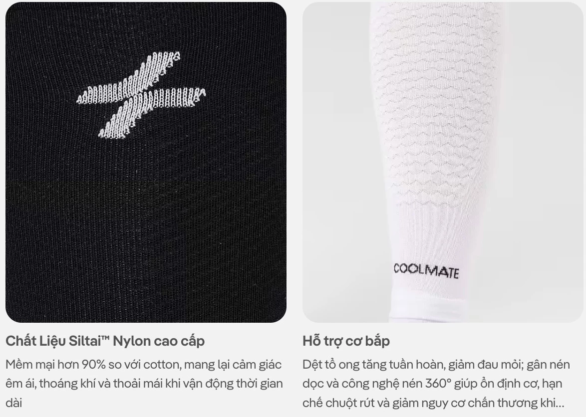 Tất ống chân bóng đá, chạy bộ, trail tất ống đồng hỗ trợ vận động, co giãn, Bó chân RunCalf Coolmate