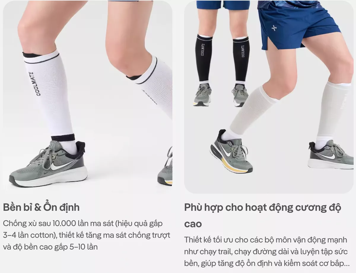 Tất ống đồng bóng đá, chạy bộ, trail hỗ trợ vận động, co giãn thoáng khí, Bó chân Essential Coolmate