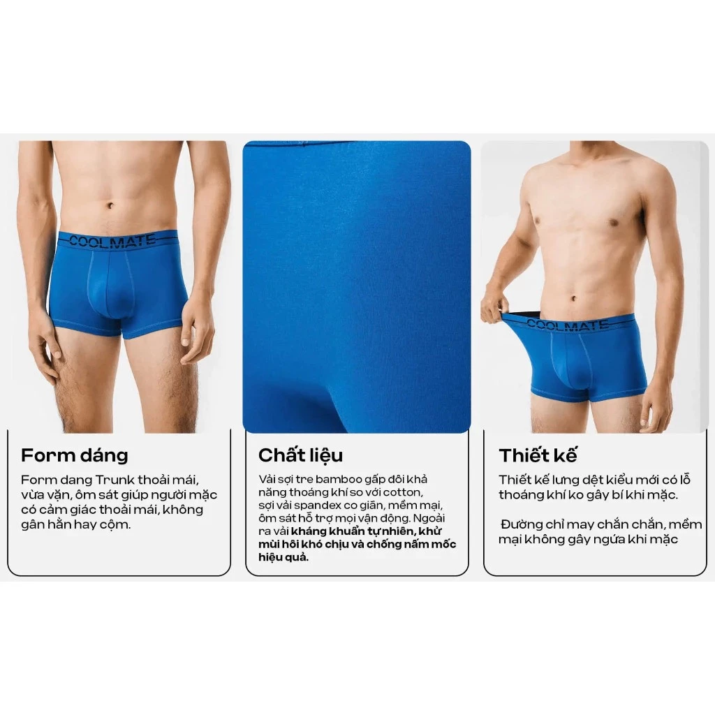 [MUA 2 GIẢM 5%]Combo 3 Quần lót Nam Trunk Ex-Comfort Modern Bamboo màu Xanh Coban mềm mại kháng khuẩn Coolmate