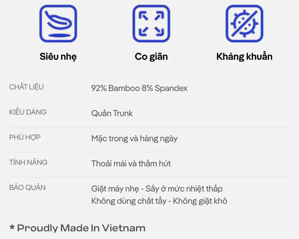 [MUA 2 GIẢM 5%]Combo 3 Quần lót Nam Trunk Ex-Comfort Modern Bamboo màu Xanh Coban mềm mại kháng khuẩn Coolmate