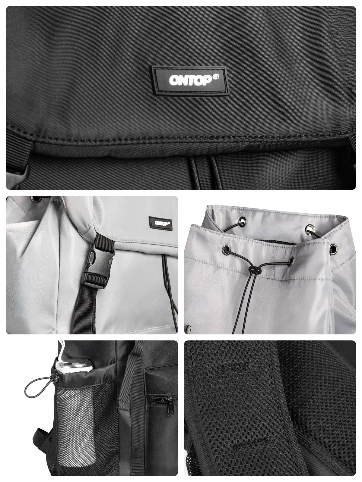 Balo nắp đậy chống nước vải dù ONTOP có khóa gài ngực trợ lực màu đen, xám Flap-Top Utility Backpack | O-P76