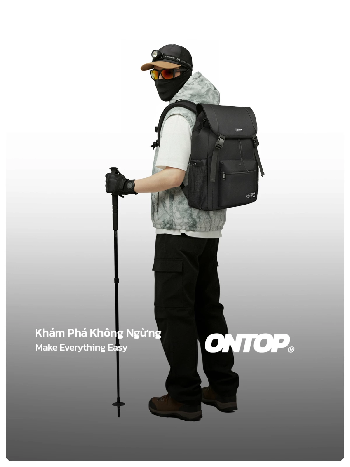 Balo nắp gập vải dù chống nước ONTOP có khóa gài ngực trợ lực màu đen Flap-Top Utility Backpack | O-P76-D