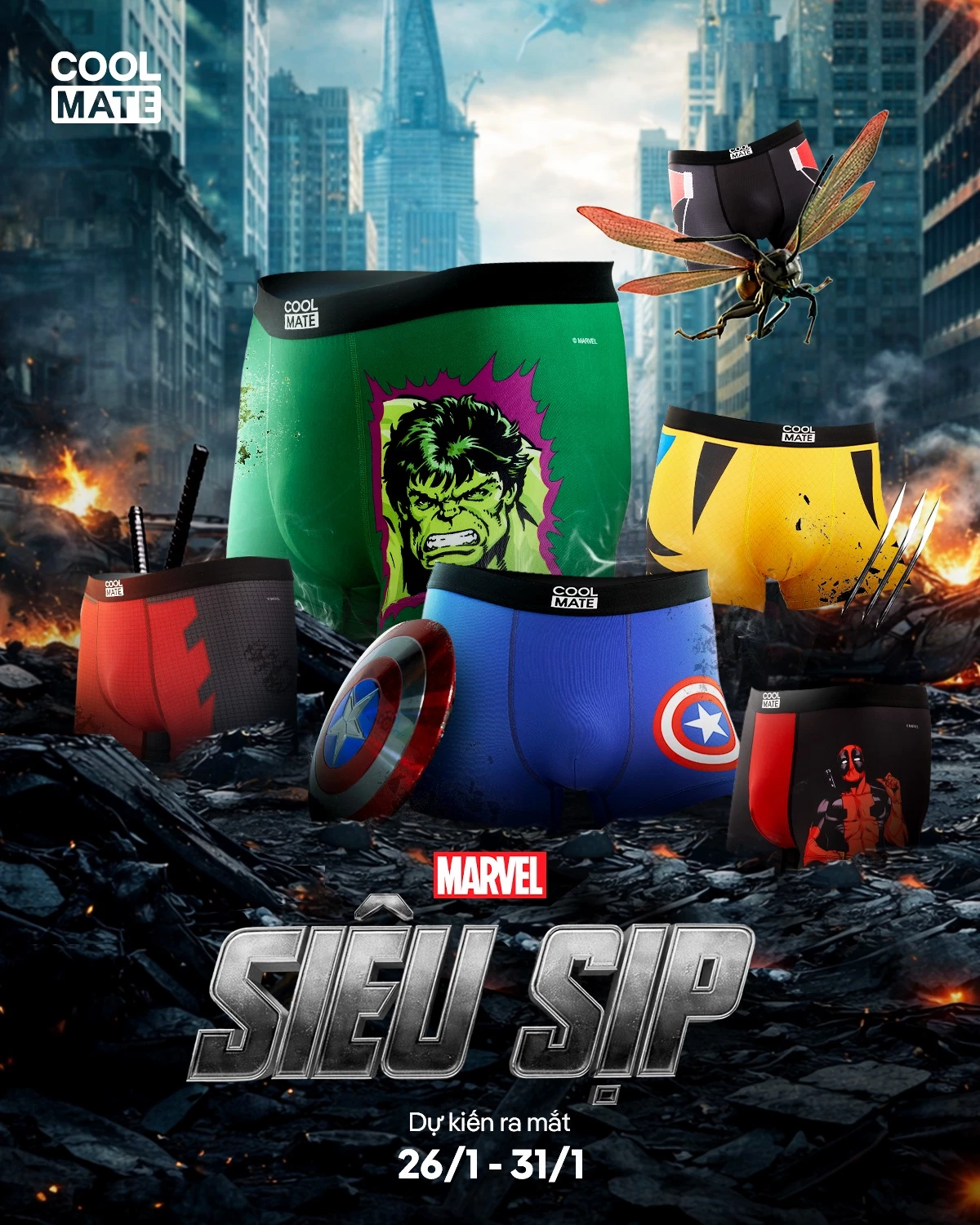 [MUA 3 TẶNG 1 QUẦN LÓT BẤT KÌ]Combo 3 Quần lót nam Trunk Marvel Spiderman, Venom , Hulk, Panther Coolmate