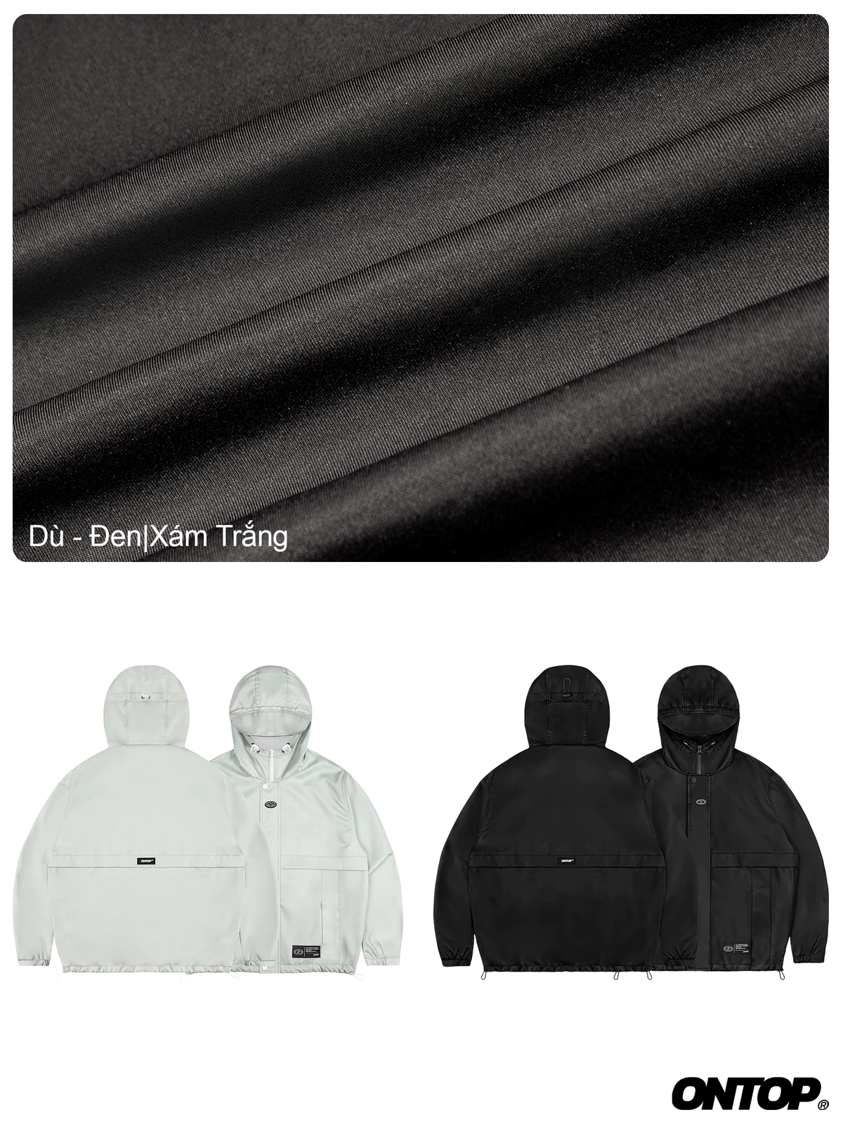 Áo khoác gió có mũ nam nữ 2 lớp ONTOP chống nắng màu đen, xám trắng Journey Jacket | O-AK7