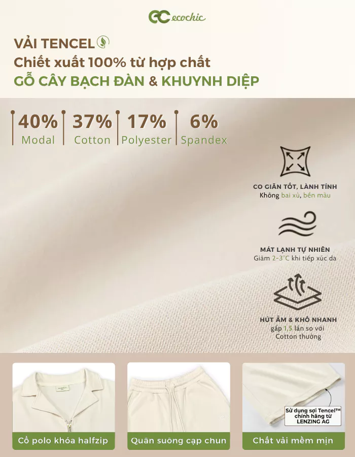 Set Bộ Tencel ECOCHIC B222 Áo Polo Cách Điệu Logo Thêu Quần Ống Suông Chính Hãng
