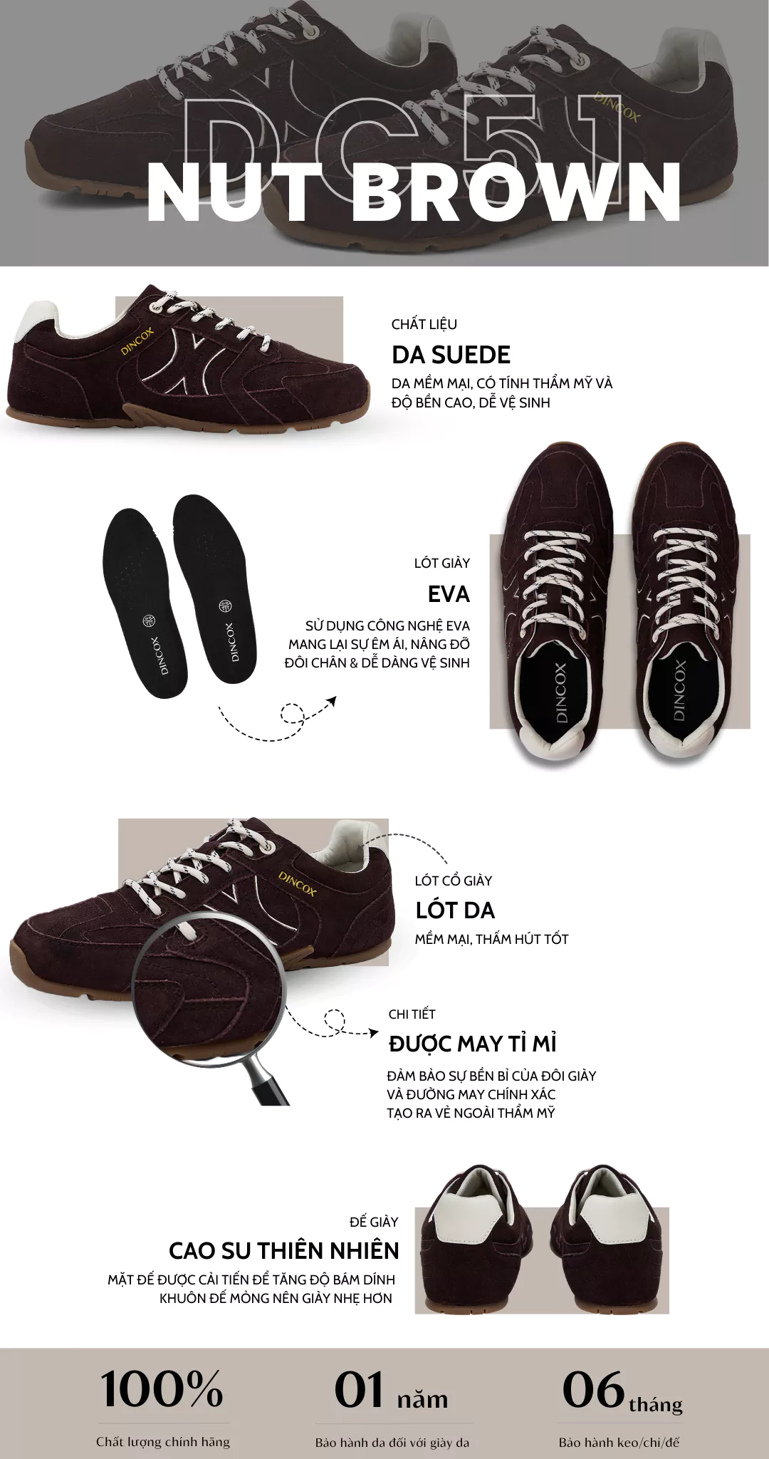 Giày Sneaker Nam Da Suede Cao Cấp Dincox Shoes DC51 NUT BROWN