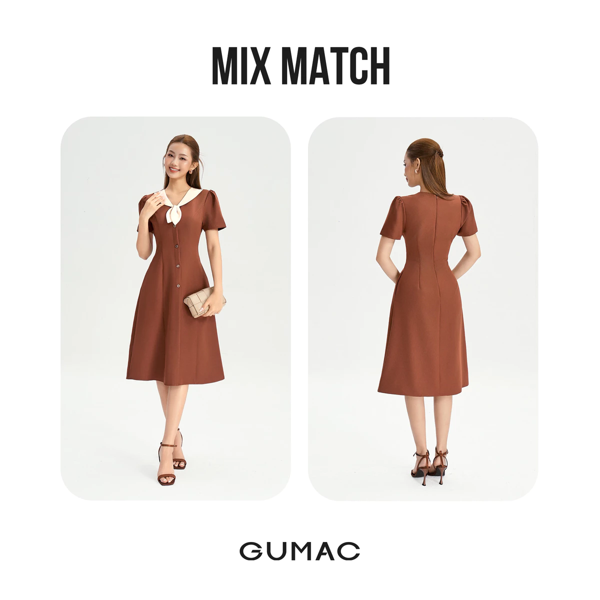 Đầm Chữ A Nữ GUMAC Váy Công Sở Dáng Xòe Cổ V Phối Bâu Đính Hoa Nút Gỗ Vintage LDG0304