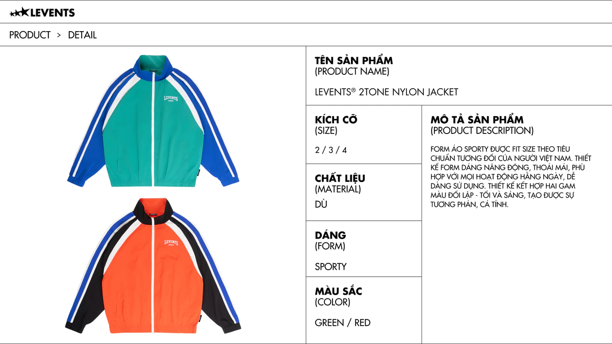 Áo Khoác Dù Levents 2tone Nylon Jacket Form Sporty