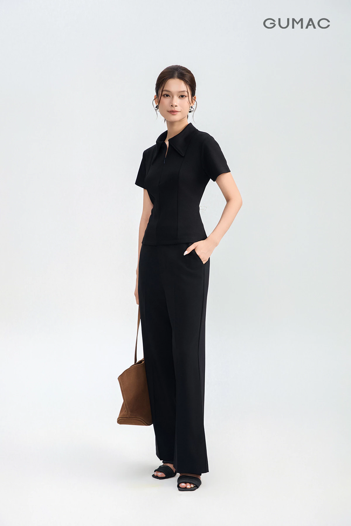 Quần Tây Nữ GUMAC Dáng Suông Đính Nút Bọc Mắt Cáo Bigsize Có May Túi Xéo Hai Bên Chất Liệu Thoáng Mát LQG08048