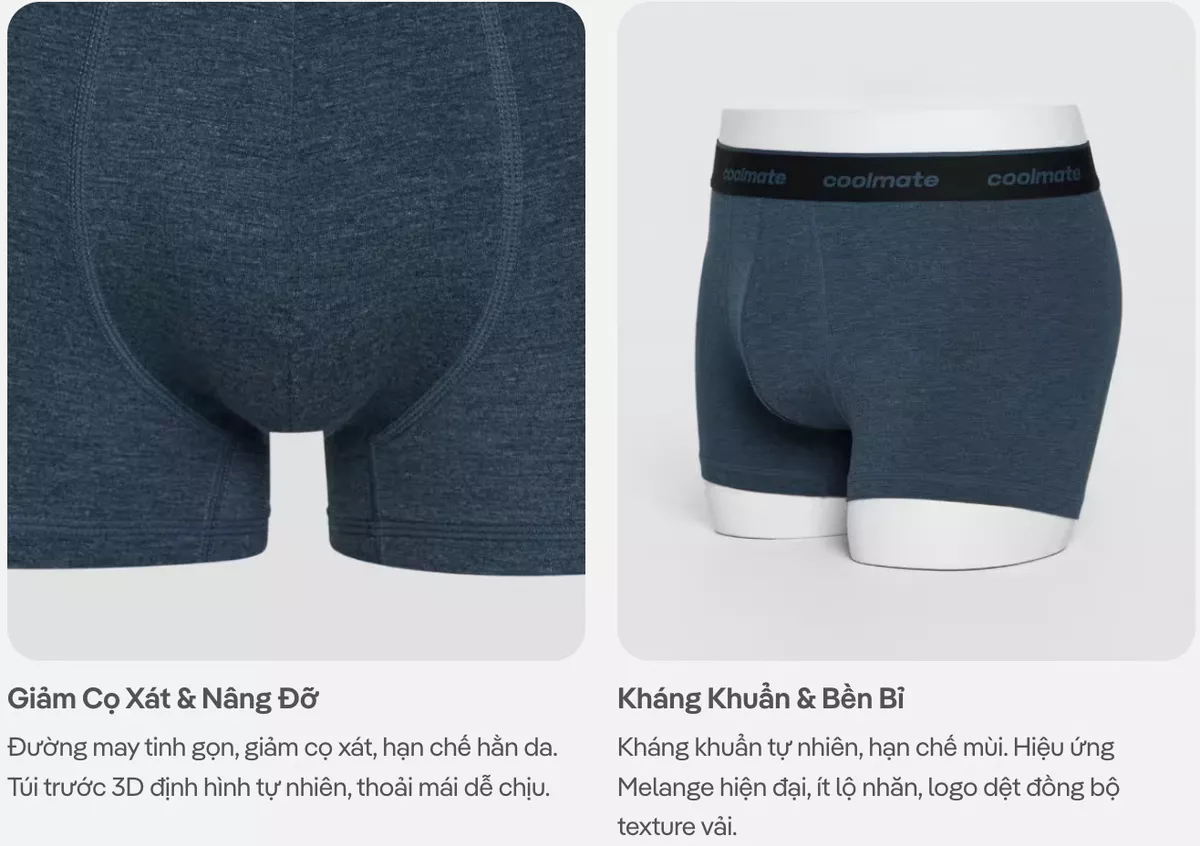 [MUA 3 TẶNG 1]Combo 3 Quần Lót Nam Trunk Bamboo Melange Logo 2 kháng khuẩn, thoáng mát Coolmate