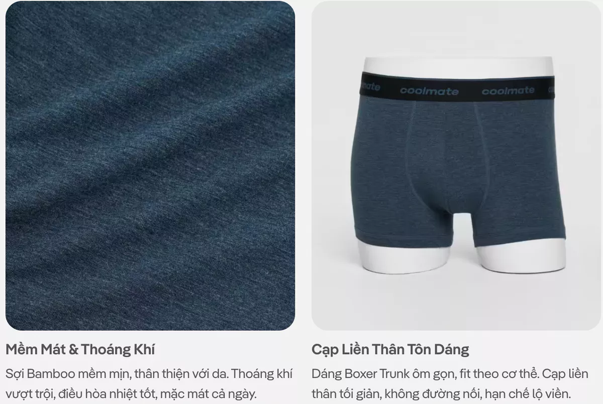[MUA 3 TẶNG 1]Combo 3 Quần Lót Nam Trunk Bamboo Melange Logo 2 kháng khuẩn, thoáng mát Coolmate