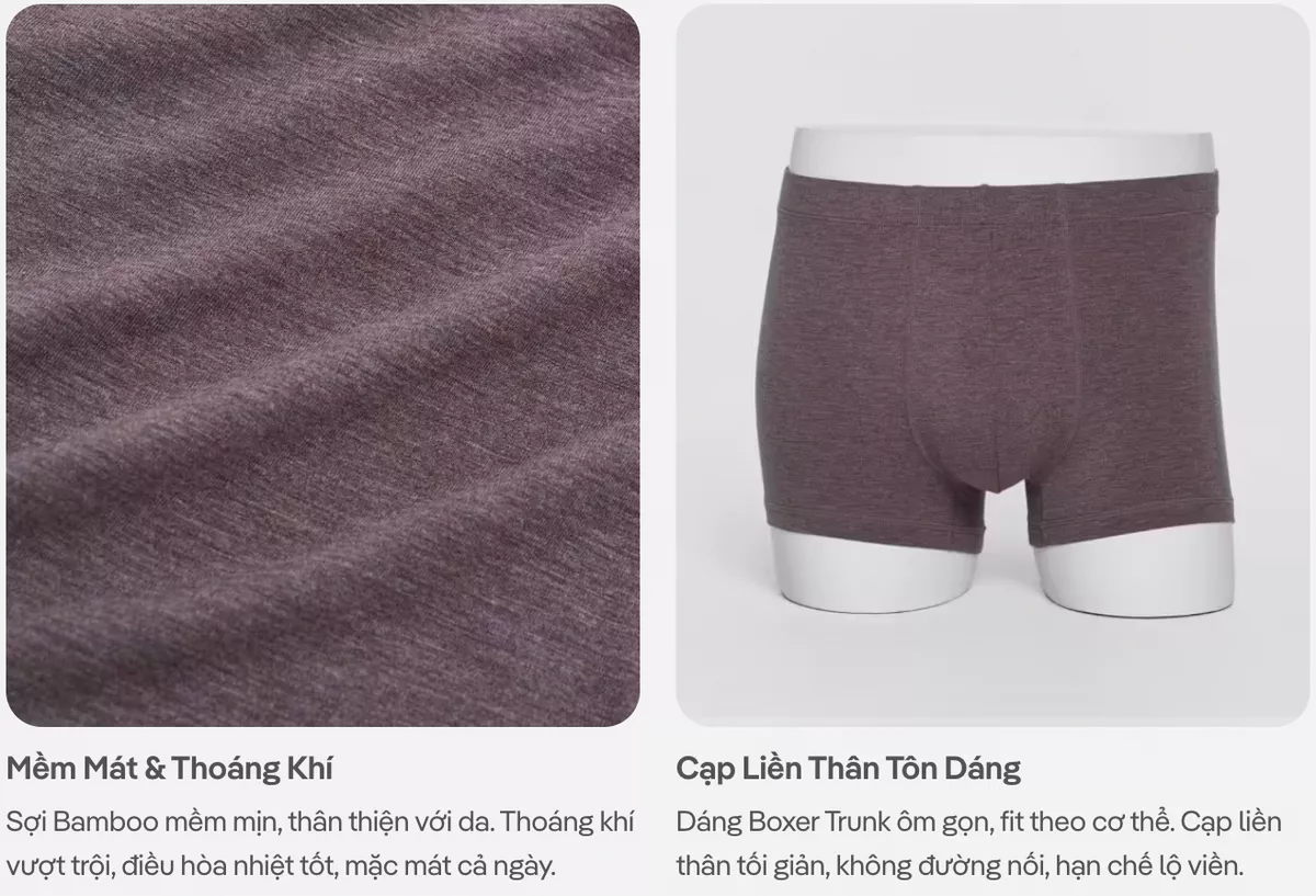 [MUA 3 TẶNG 1 QUẦN LÓT BẤT KÌ]Combo 3 Quần Lót Nam Trunk Bamboo Melange kháng khuẩn, thoáng mát, thấm hút Coolmate