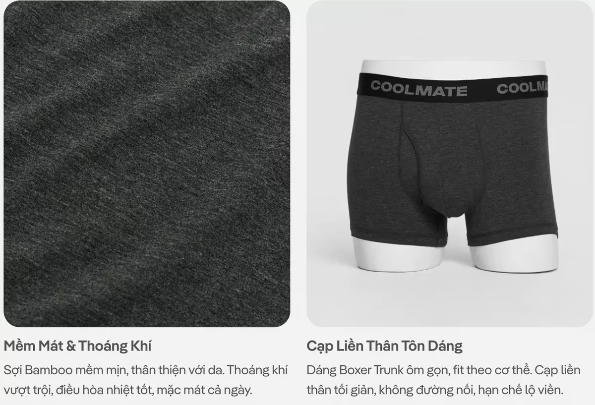 [MUA 3 TẶNG 1 QUẦN LÓT BẤT KÌ]Combo 3 Quần Lót Nam Trunk Bamboo Melange Logo khe moi kháng khuẩn, thoáng mát Coolmate