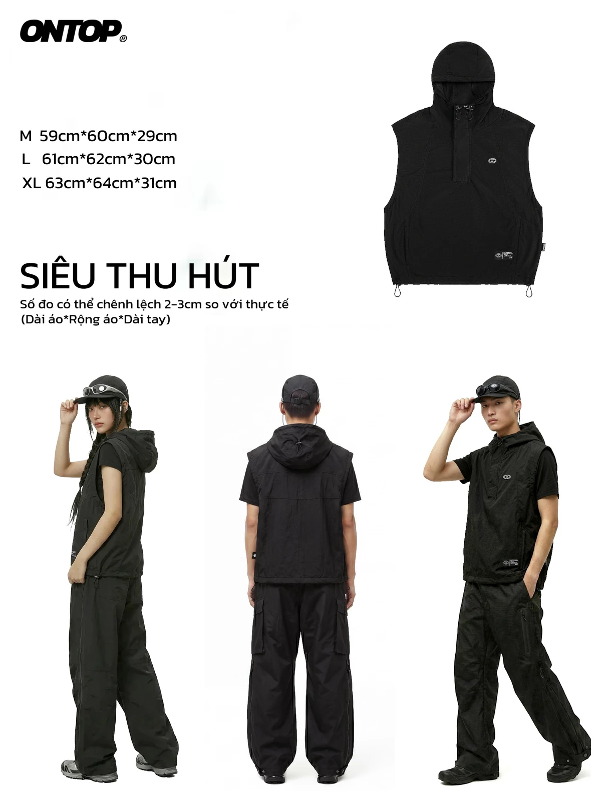 Áo khoác gile vải dù nhăn 2 lớp ONTOP màu đen có mũ kèm dây rút Nomad Hooded Vest | O-AK9