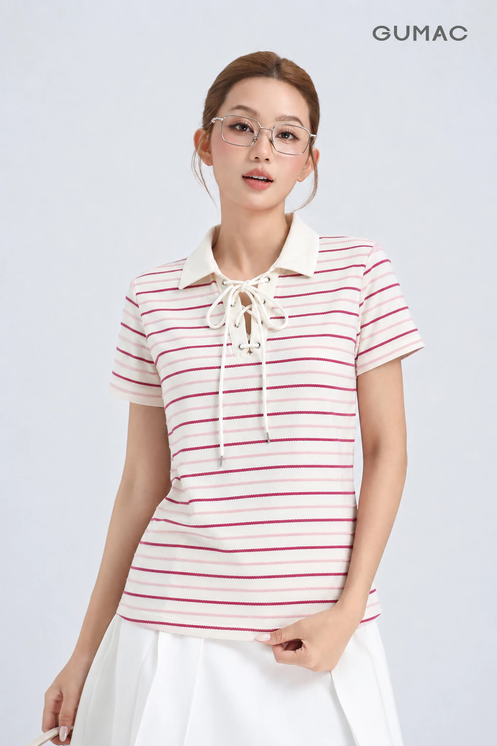 Áo Polo Nữ Gmorning - GUMAC Dây Đan Cách Điệu Cổ Trụ Mắt Cáo Kèm Dây Luồn Tạo Điểm Nhấn Hiện Đại YAPG05052