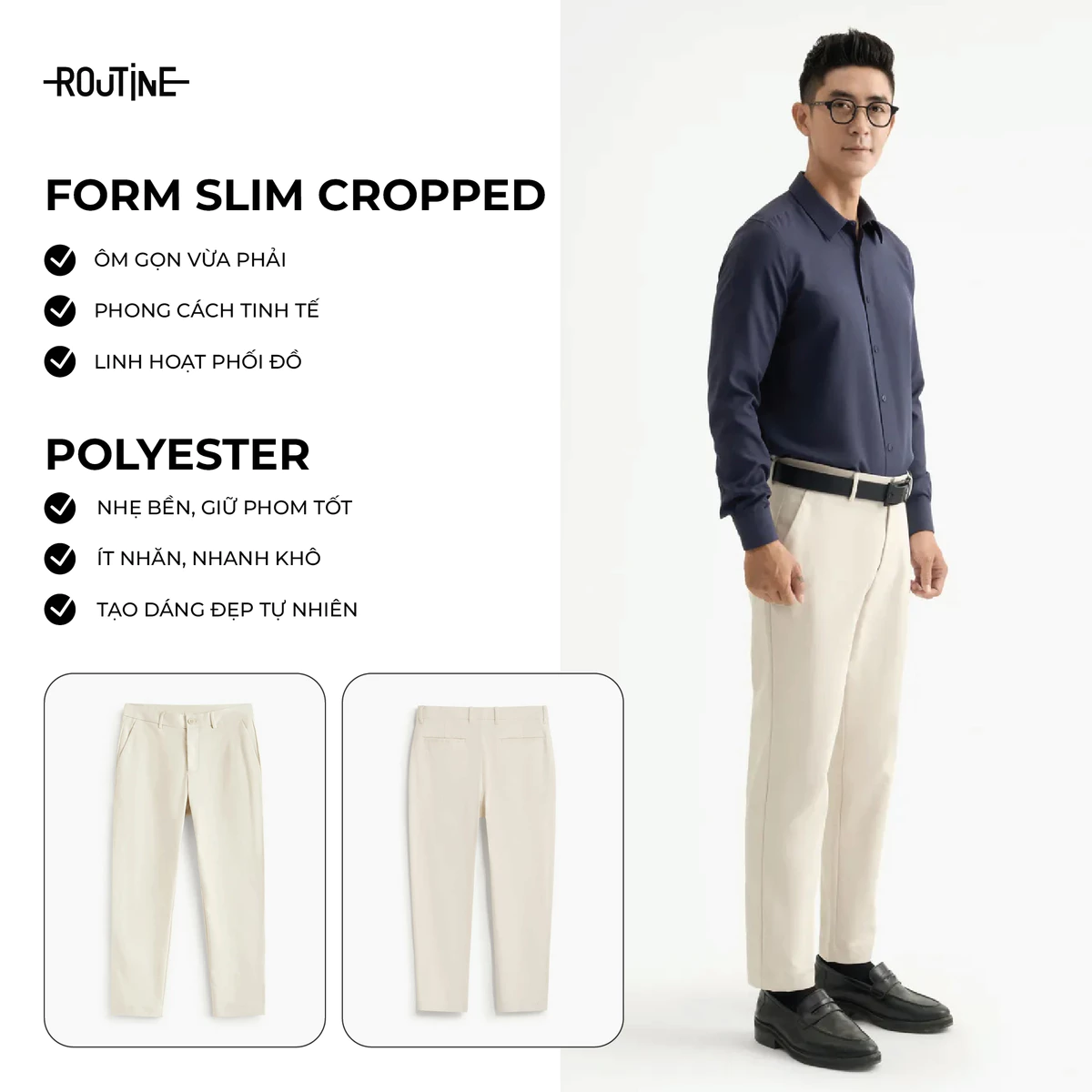 Quần Dài Kaki Nam Vải Dobby Texture Form Slim Cropped - Routine 10S25PCA010