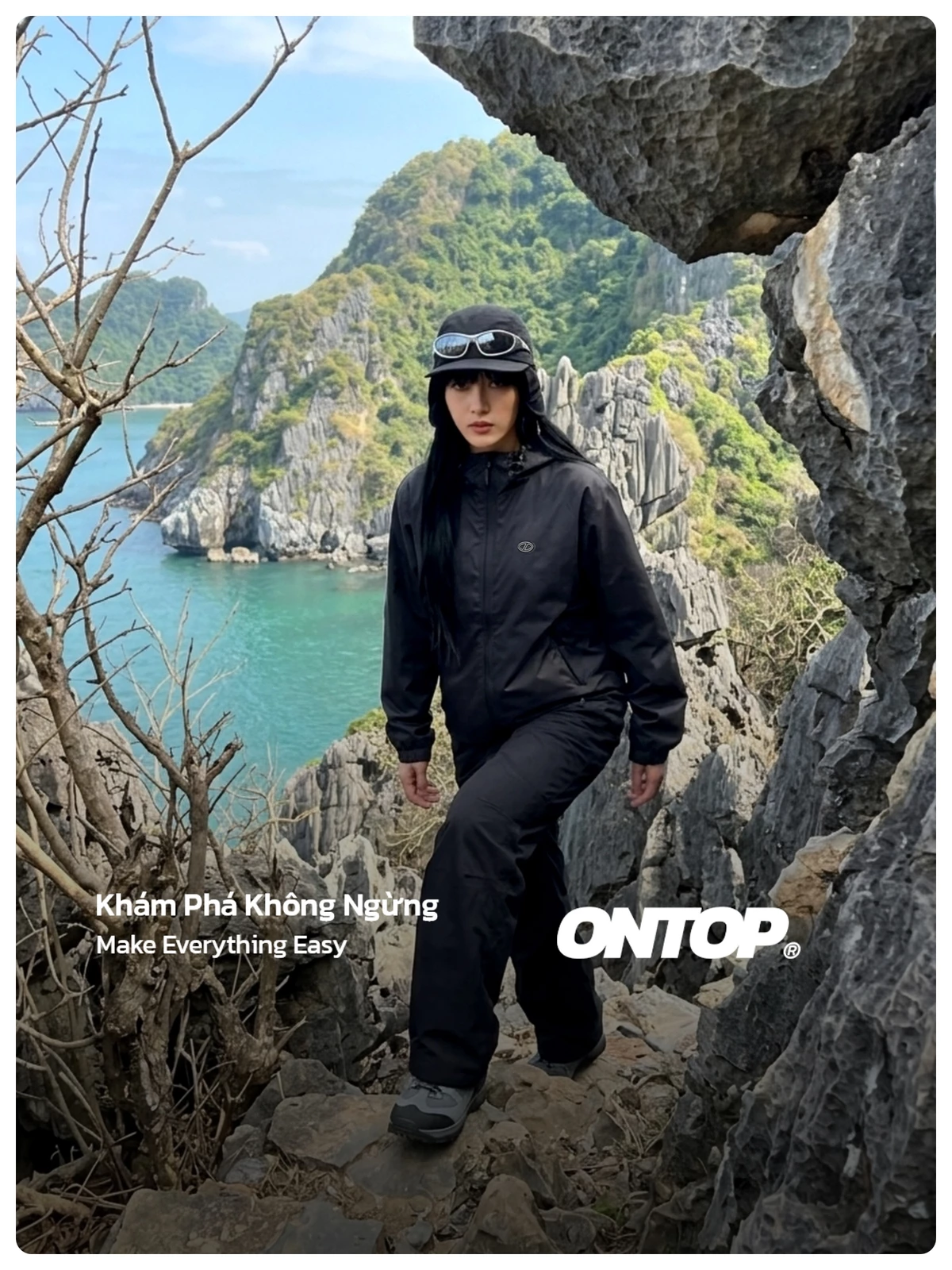 Áo khoác dù đen có mũ nam nữ ONTOP chống nắng, cản gió có túi trong màu đen Windward Jacket | O-AK3-D