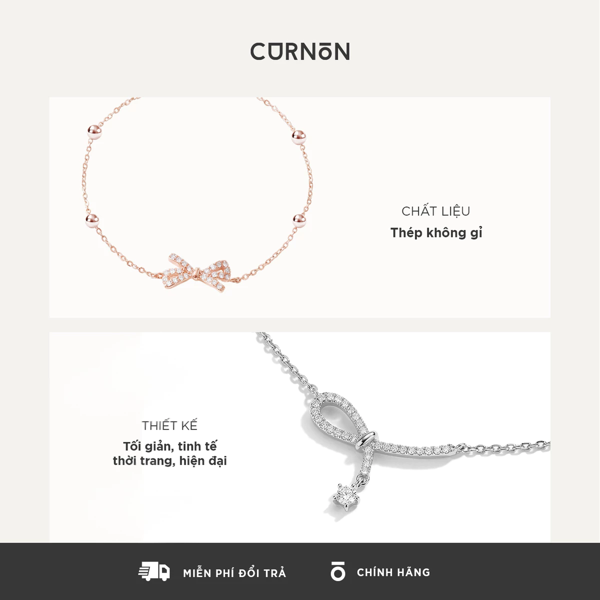 Bow Collection - Bộ Sản Phẩm Trang Sức Vòng Tay, Dây Chuyền, Bông Tai Nữ Curnon - Chất Liệu Thép Không Gỉ