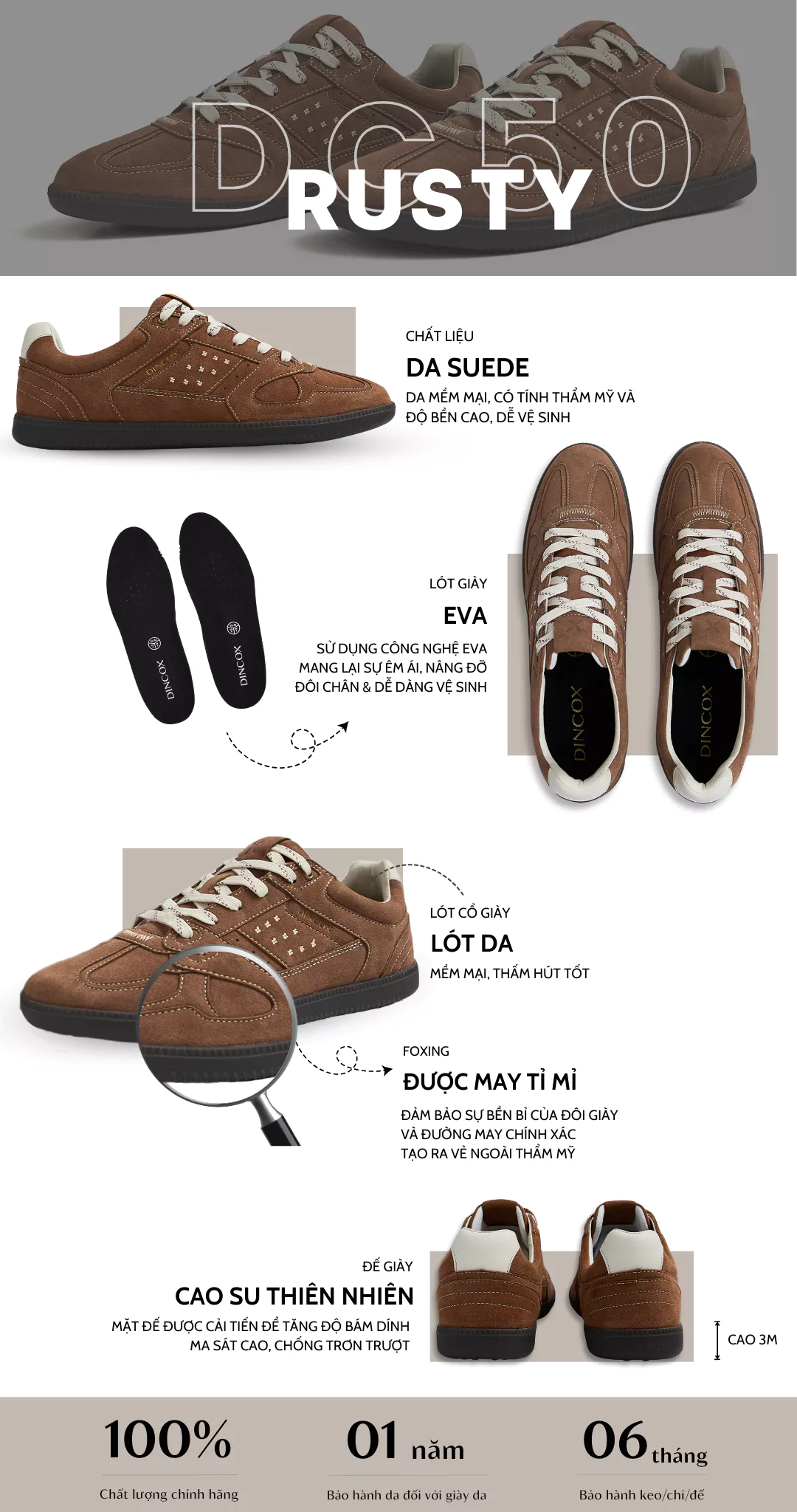 Giày Sneaker Nam Nữ Da Suede Cao Cấp Dincox Shoes DC50 RUSTY