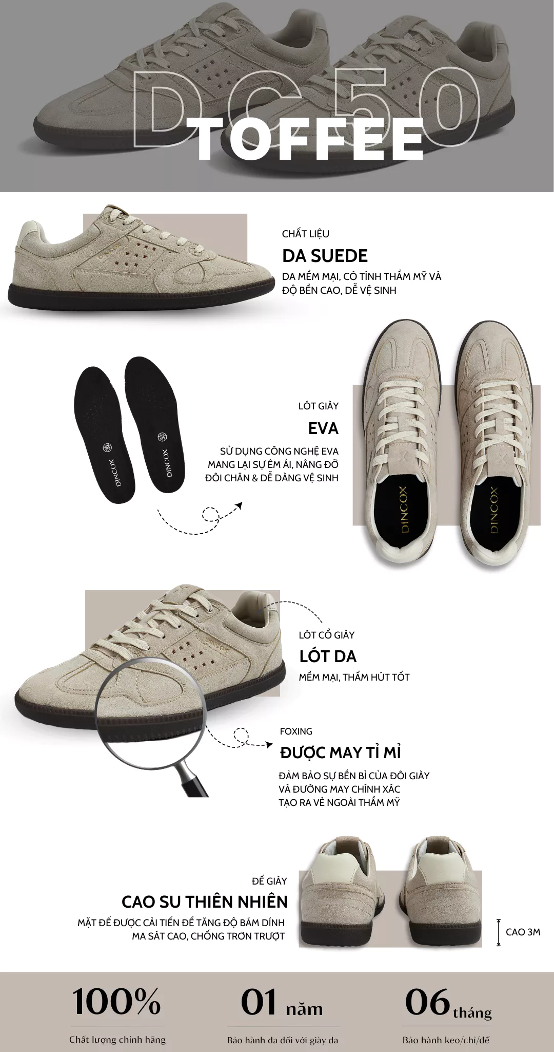 Giày Sneaker Nam Nữ Da Suede Cao Cấp Dincox Shoes DC50 TOFFEE