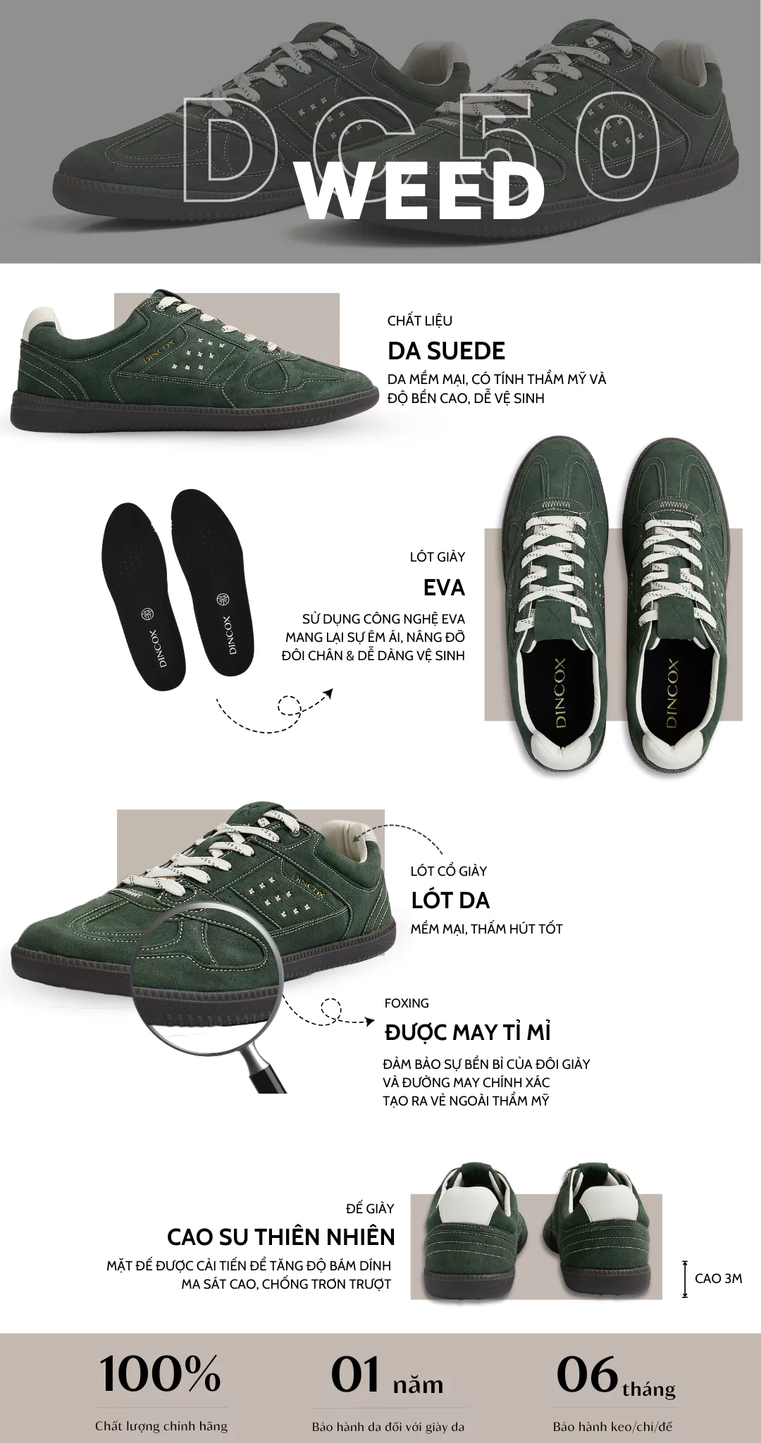 Giày Sneaker Nam Nữ Da Suede Cao Cấp Dincox Shoes DC50 WEED