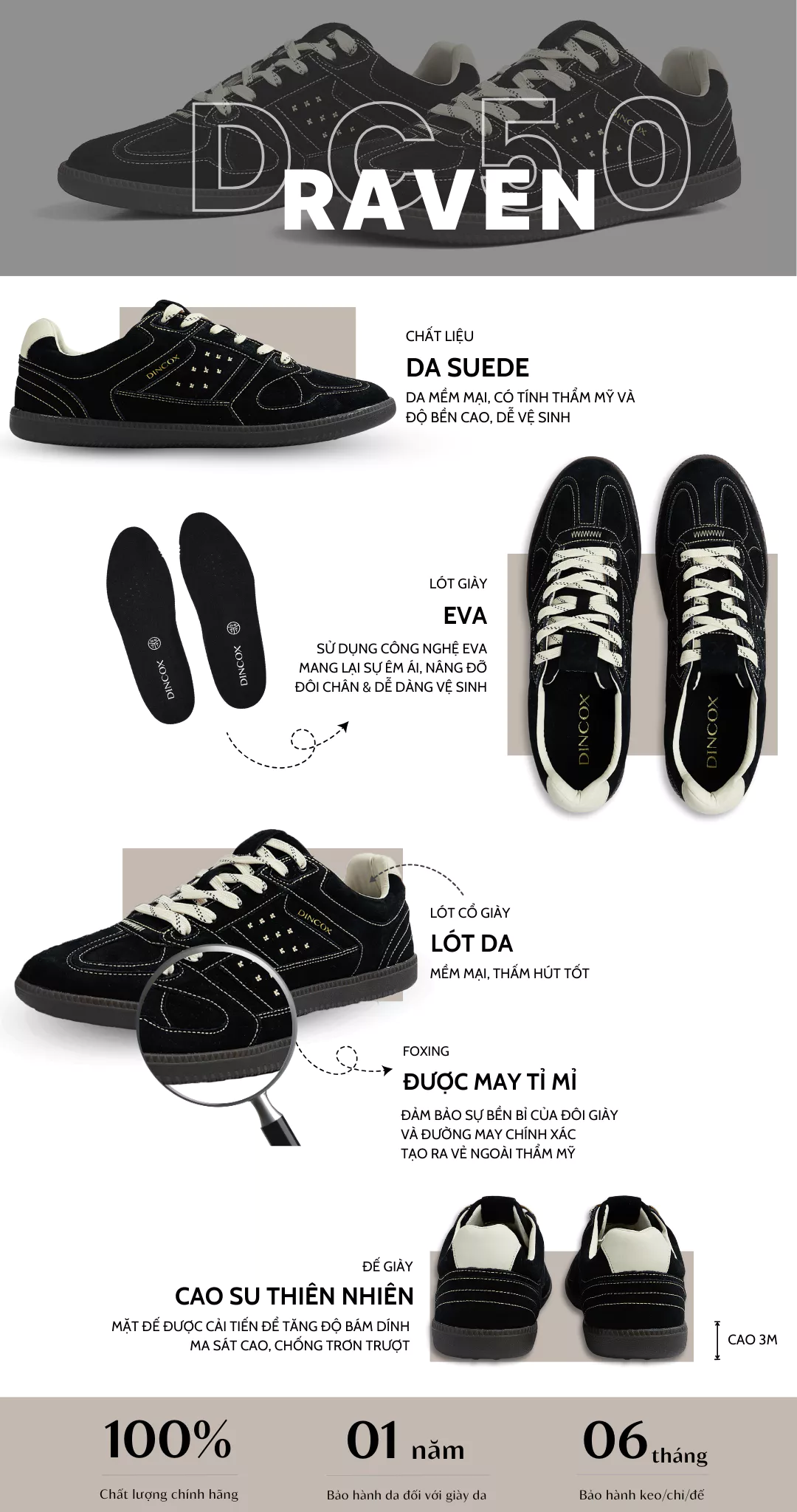 Giày Sneaker Nam Nữ Da Suede Cao Cấp Dincox Shoes DC50 RAVEN
