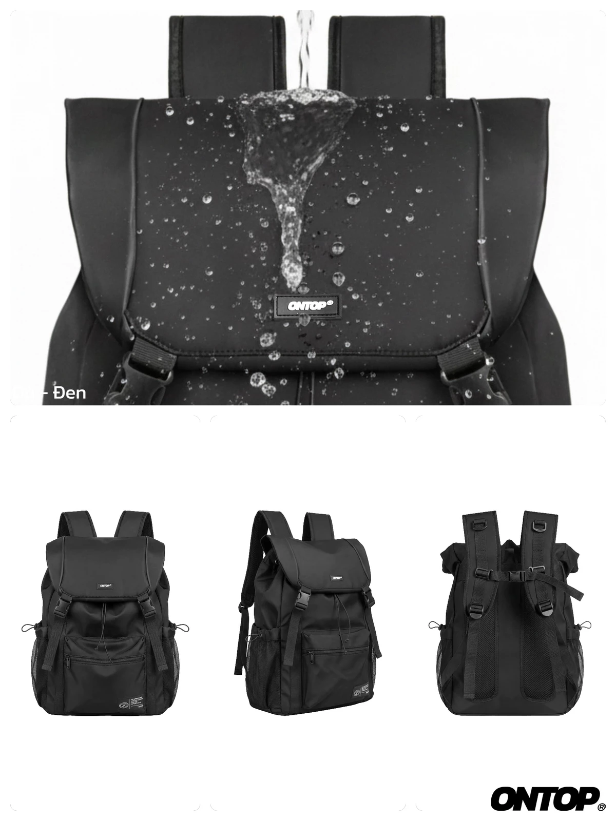 Balo nắp gập vải dù chống nước ONTOP có khóa gài ngực trợ lực màu đen Flap-Top Utility Backpack | O-P76-D