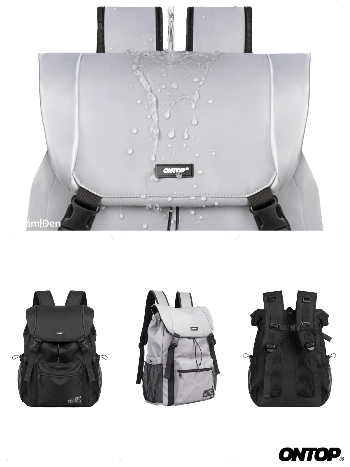 Balo nắp đậy chống nước vải dù ONTOP có khóa gài ngực trợ lực màu đen, xám Flap-Top Utility Backpack | O-P76