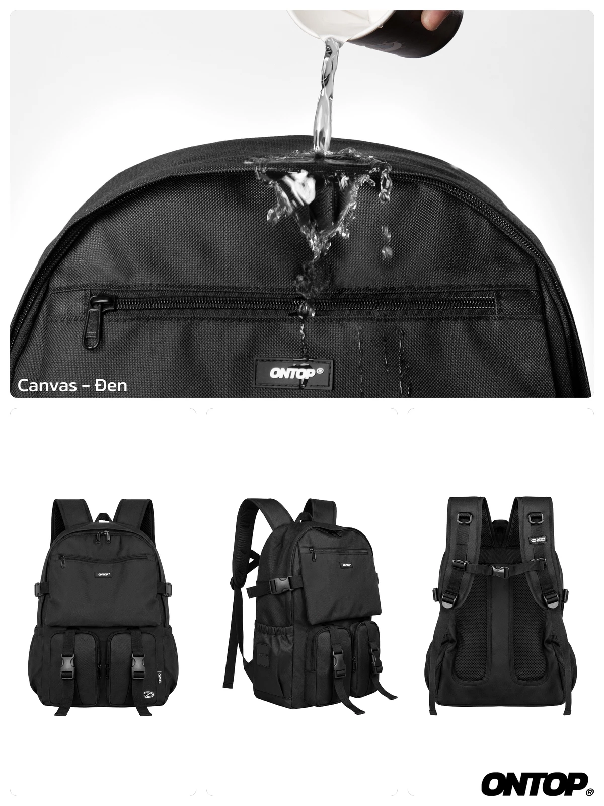 Balo vải canvas chống gù ONTOP canvas nhiều ngăn đựng vừa laptop 15.6inch màu đen Buckle Backpack Pos-Pro | O-P66