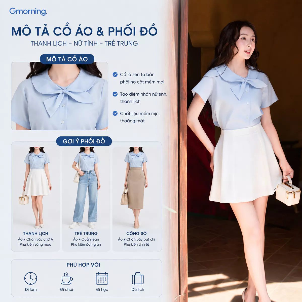 [NHẬP MÃ AFFTHAG GIẢM 99K] Áo Kiểu Nữ Gmorning - GUMAC Áo Sơ Mi Dáng Lửng Chất Kate Cổ Cách Điệu Thắt Nơ YAG04080