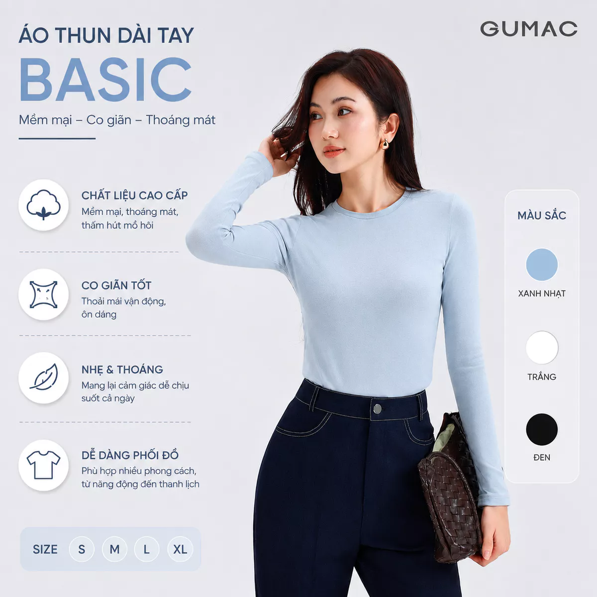 Áo Thun Nữ GUMAC Form Ôm Tay Dài Cổ Tròn Viền Nẹp Tinh Tế Nữ Tính LATG05057