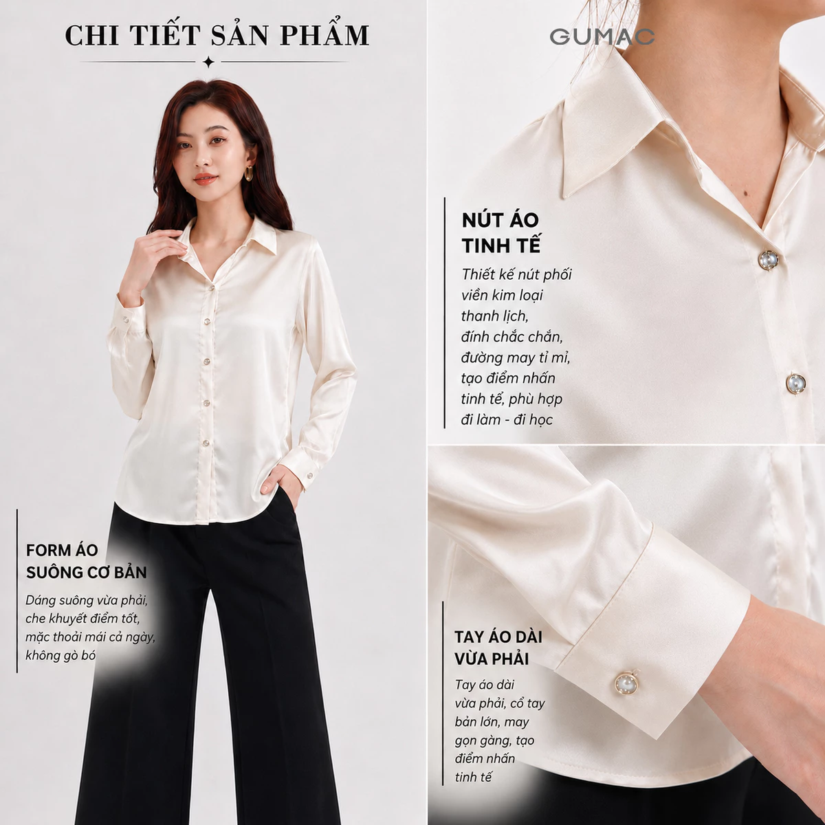 Áo Sơ Mi GUMAC Form Suông Tay Dài Chất Lụa Ánh Nhung Mềm Mại Sang Trọng LAG07001