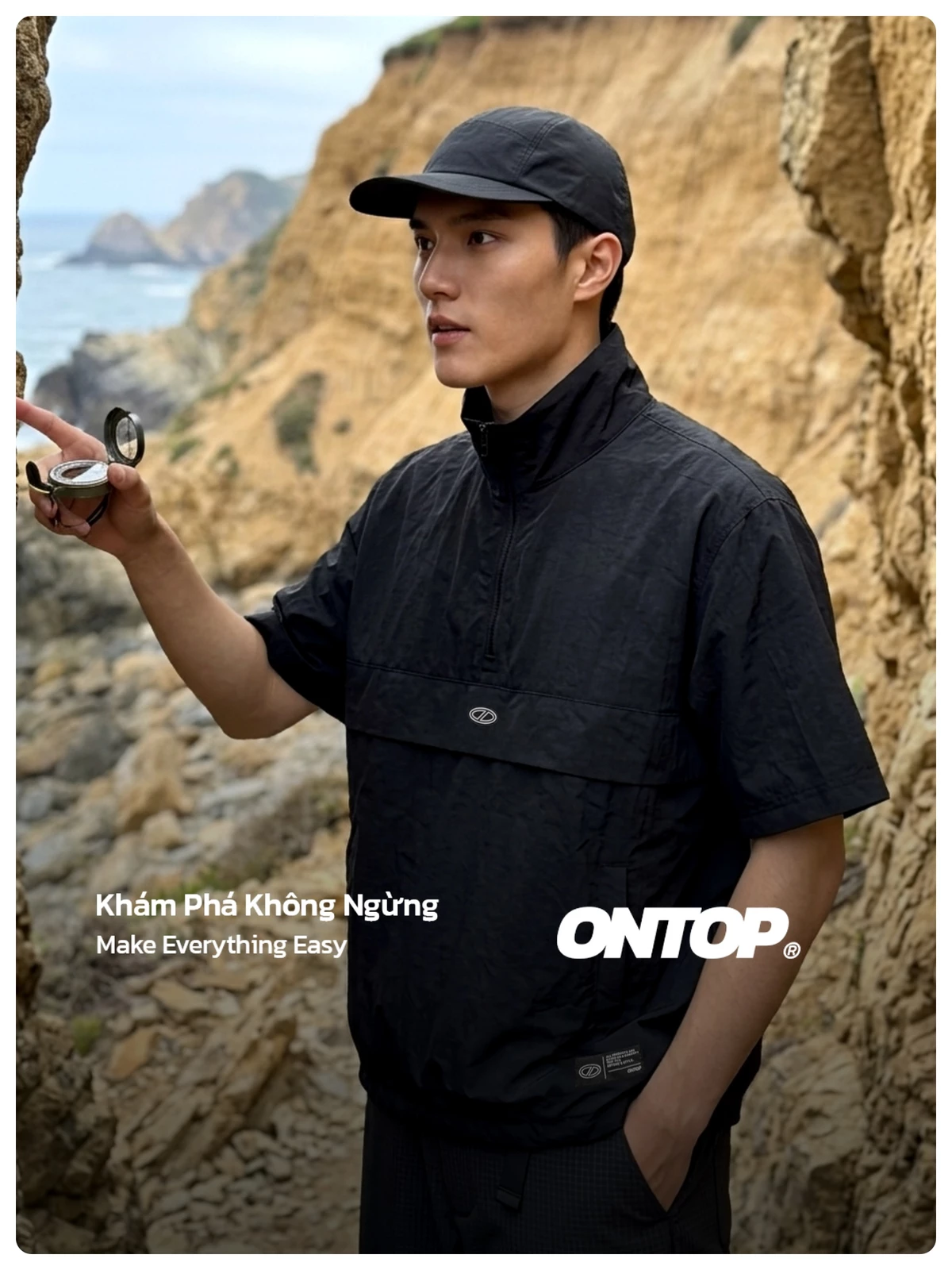 Áo Anorak ngắn tay vải dù nhăn 2 lớp ONTOP màu đen, có dây rút Half-Zip Anorak Shirt | O-T11