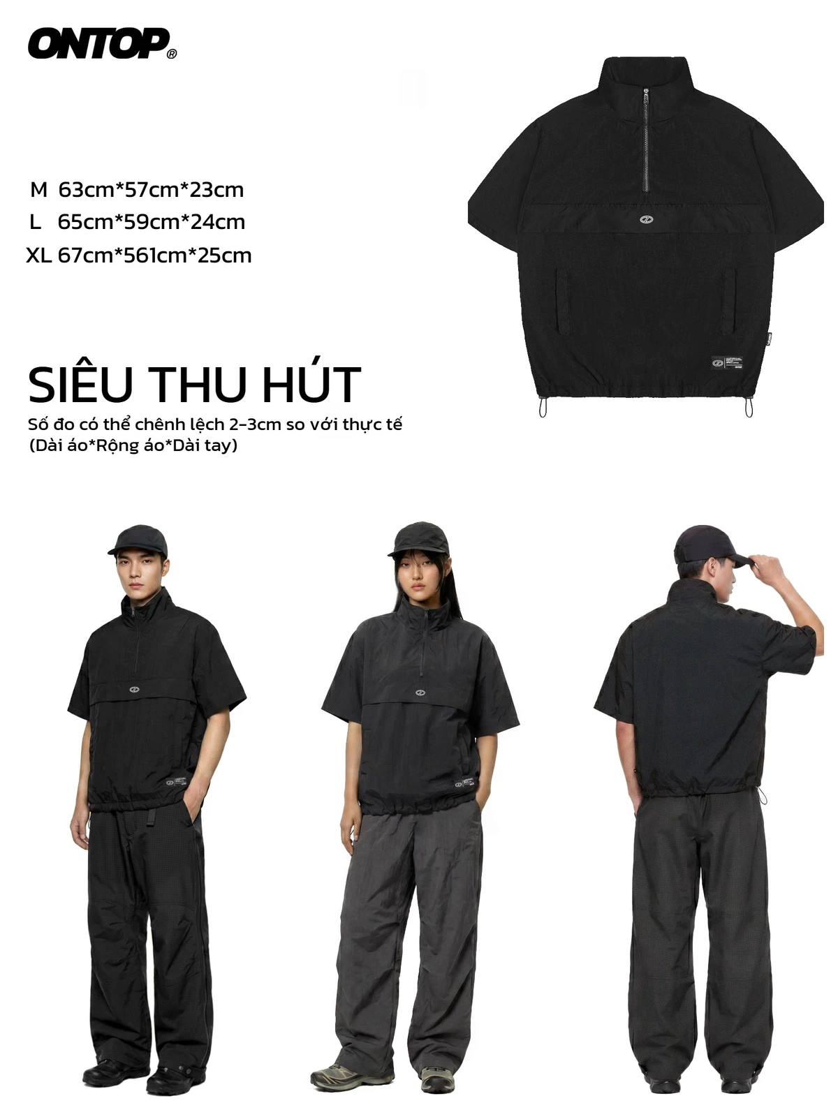 Áo Anorak ngắn tay vải dù nhăn 2 lớp ONTOP màu đen, có dây rút Half-Zip Anorak Shirt | O-T11
