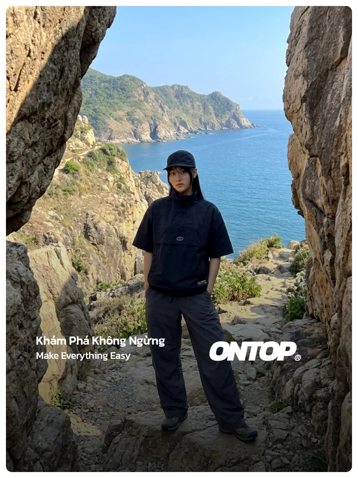 Áo Anorak ngắn tay vải dù nhăn 2 lớp ONTOP màu đen, có dây rút Half-Zip Anorak Shirt | O-T11