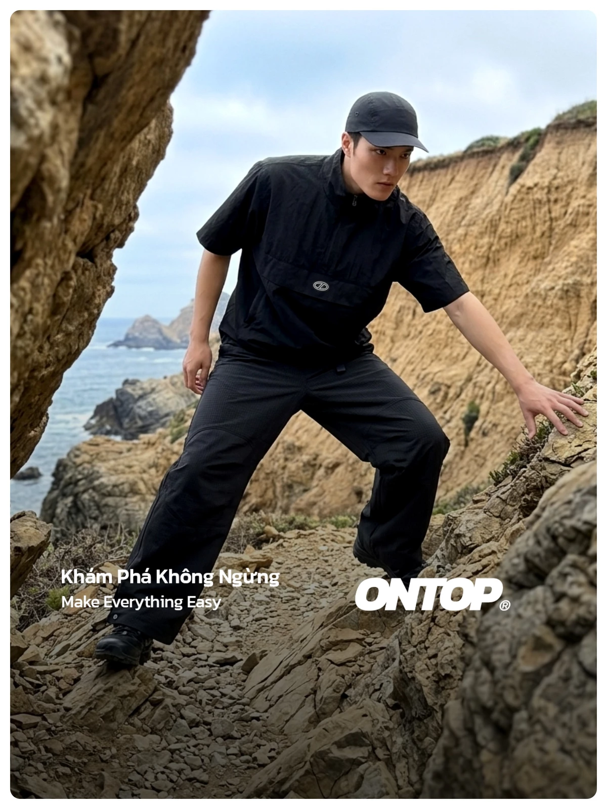 Áo Anorak ngắn tay vải dù nhăn 2 lớp ONTOP màu đen, có dây rút Half-Zip Anorak Shirt | O-T11