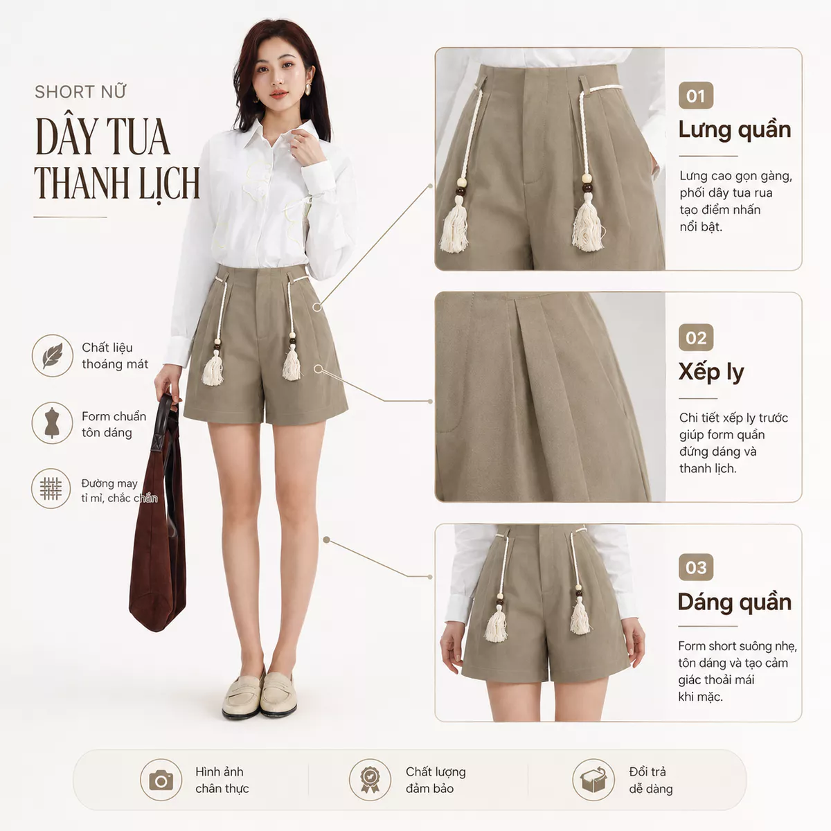 Quần Short Kaki Gmorning - GUMAC Form Suông Rộng Xếp Ly Thân Trước Túi Xéo Tiện Lợi YSHG06006
