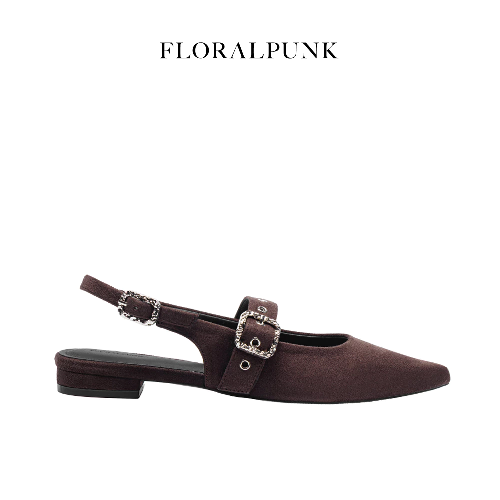 Giày bệt Floralpunk Mary Pointy - Suede Brown - Đế cao 3cm chất liệu da lộn - dây quai gót kèm móc khóa