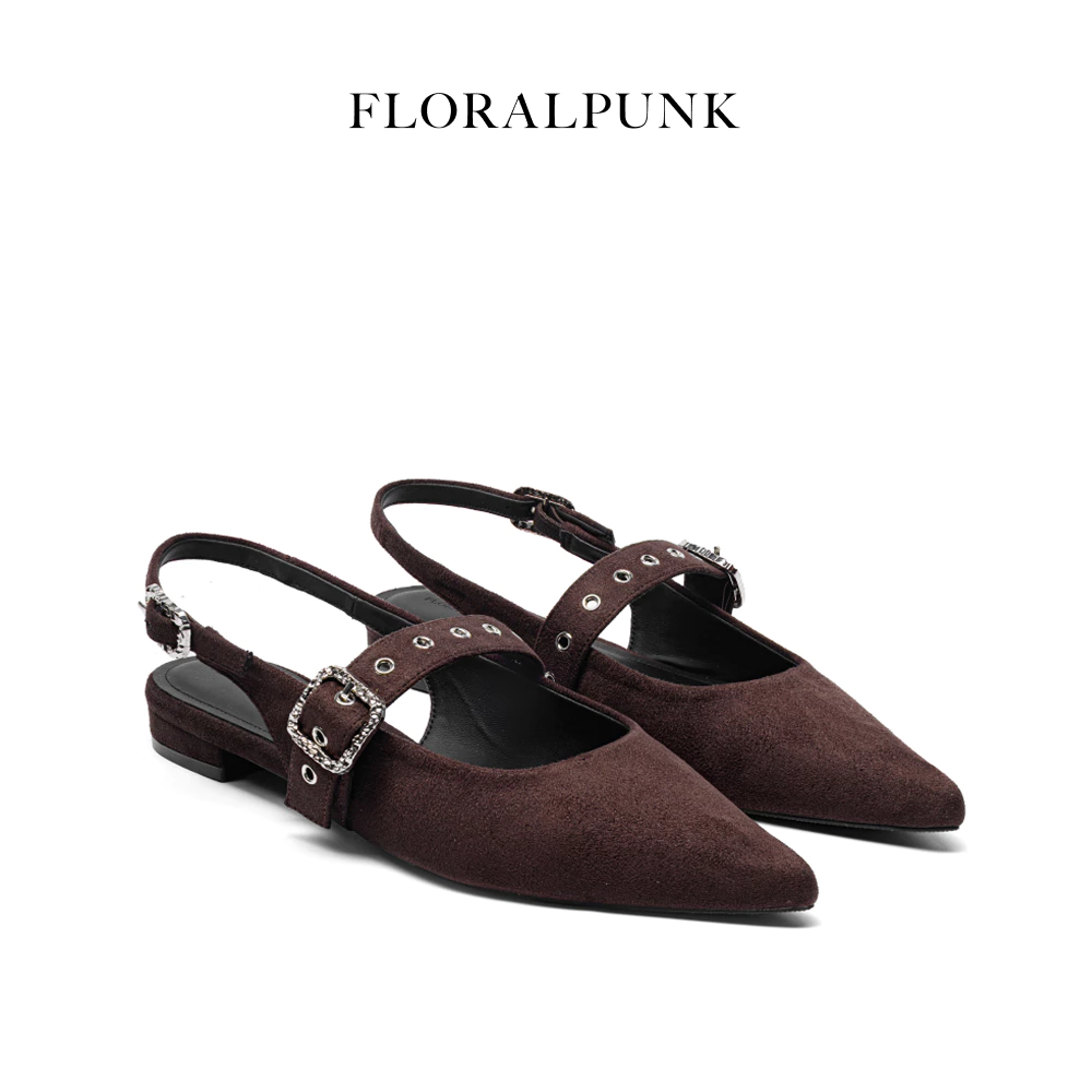Giày bệt Floralpunk Mary Pointy - Suede Brown - Đế cao 3cm chất liệu da lộn - dây quai gót kèm móc khóa