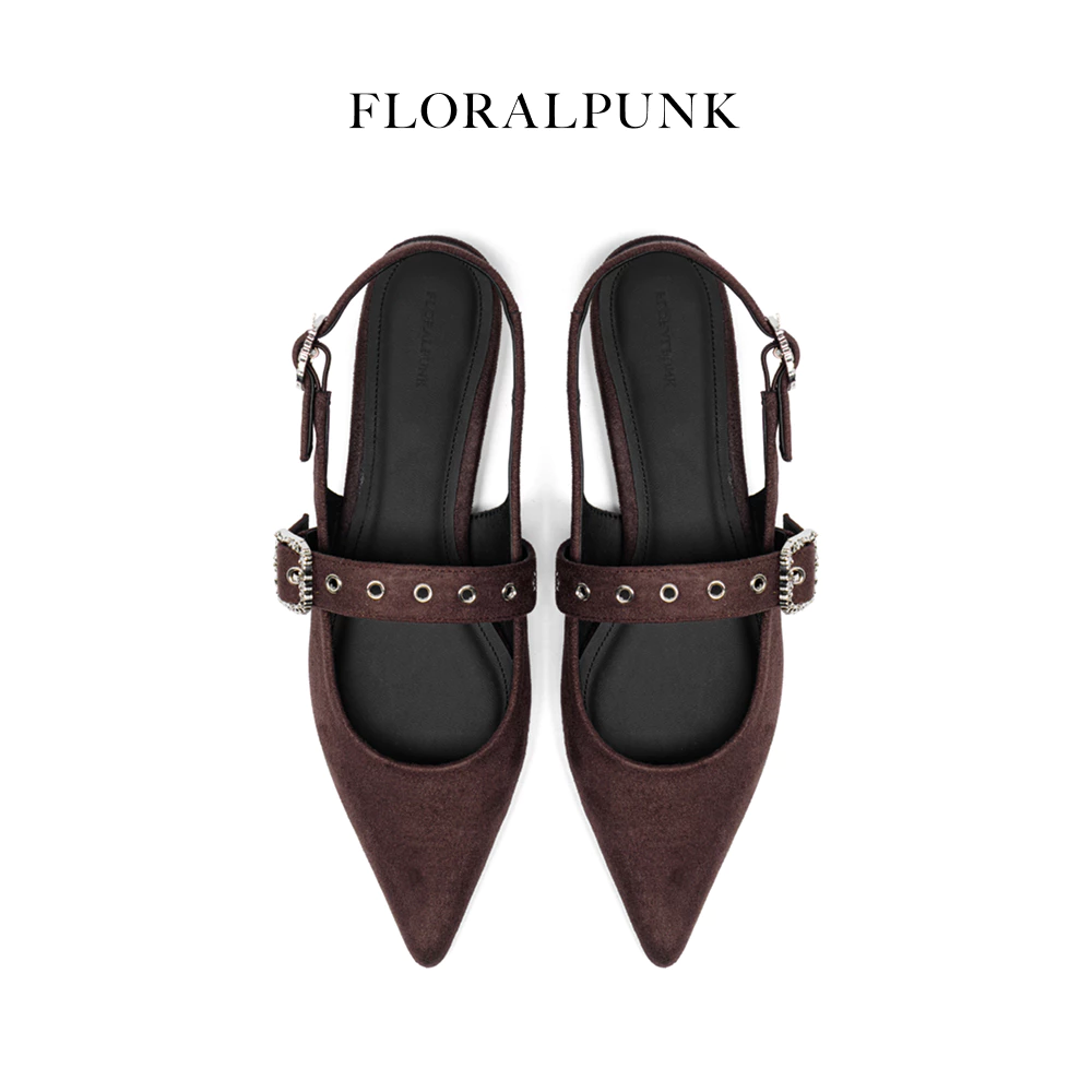 Giày bệt Floralpunk Mary Pointy - Suede Brown - Đế cao 3cm chất liệu da lộn - dây quai gót kèm móc khóa