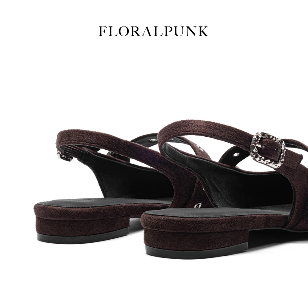 Giày bệt Floralpunk Mary Pointy - Suede Brown - Đế cao 3cm chất liệu da lộn - dây quai gót kèm móc khóa