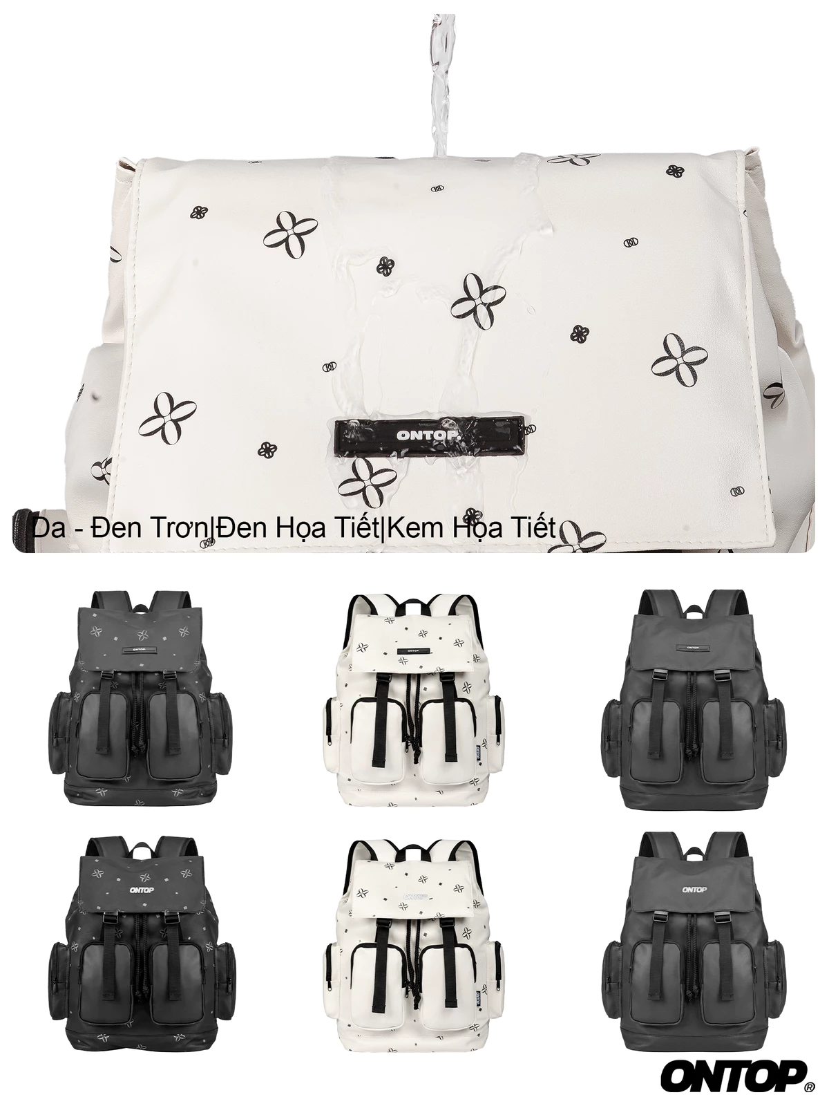 Balo local brand da nắp gập ONTOP chống nước, nhiều ngăn màu đen, kem đựng vừa laptop Level Backpack | O-P26 & O-P73