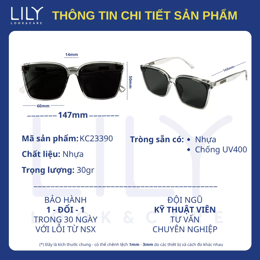 Kính mát mắt vuông nam nữ LILYEYEWEAR chất liệu nhựa cao cấp mắt kính chống UV400 kiểu dáng và màu sắc hiện đại KC23390