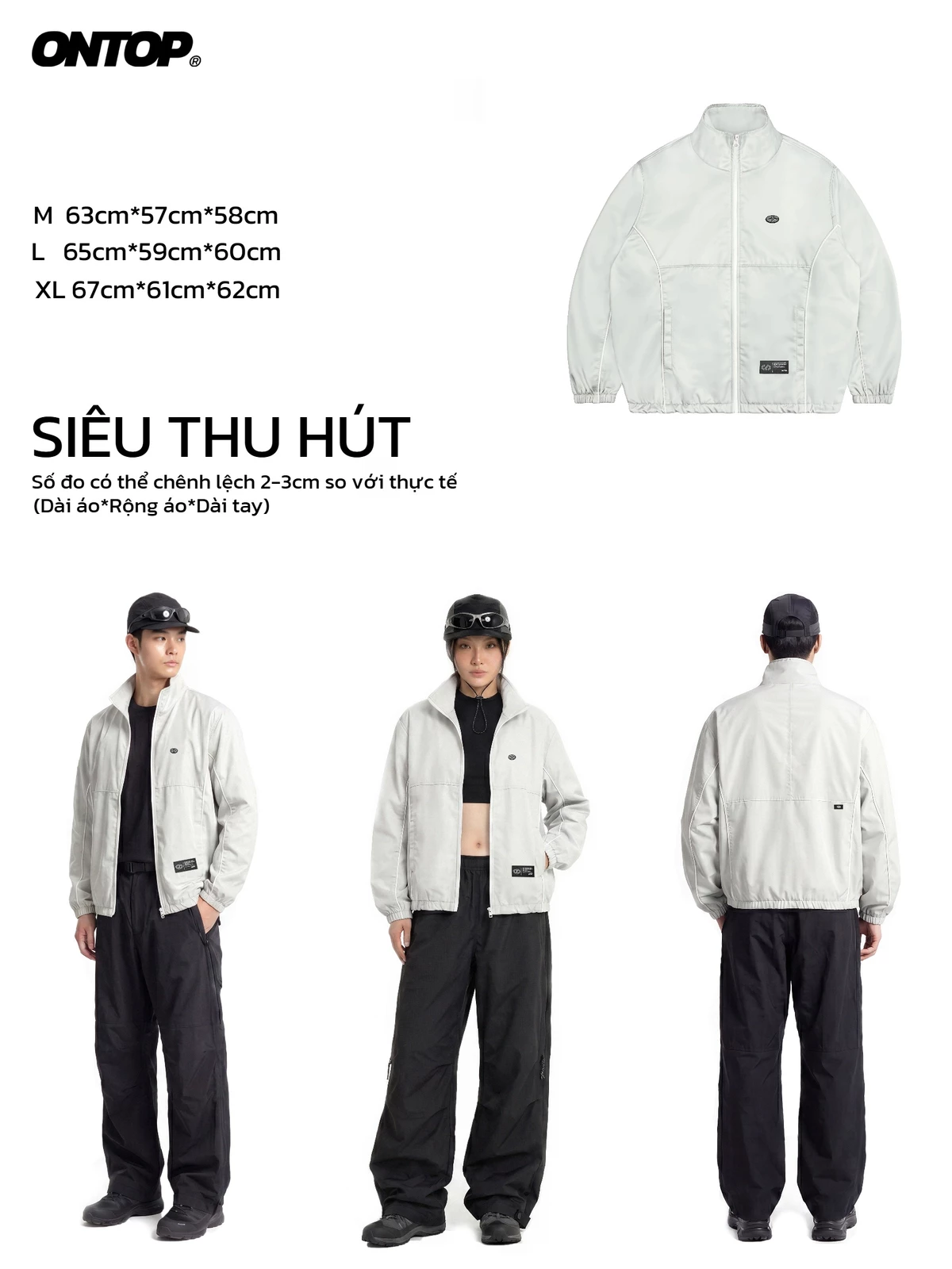 Áo khoác gió phối viền 2 lớp nam nữ ONTOP chống nước, cổ trụ màu đen, xám trắng Wind Track Jacket | O-AK5