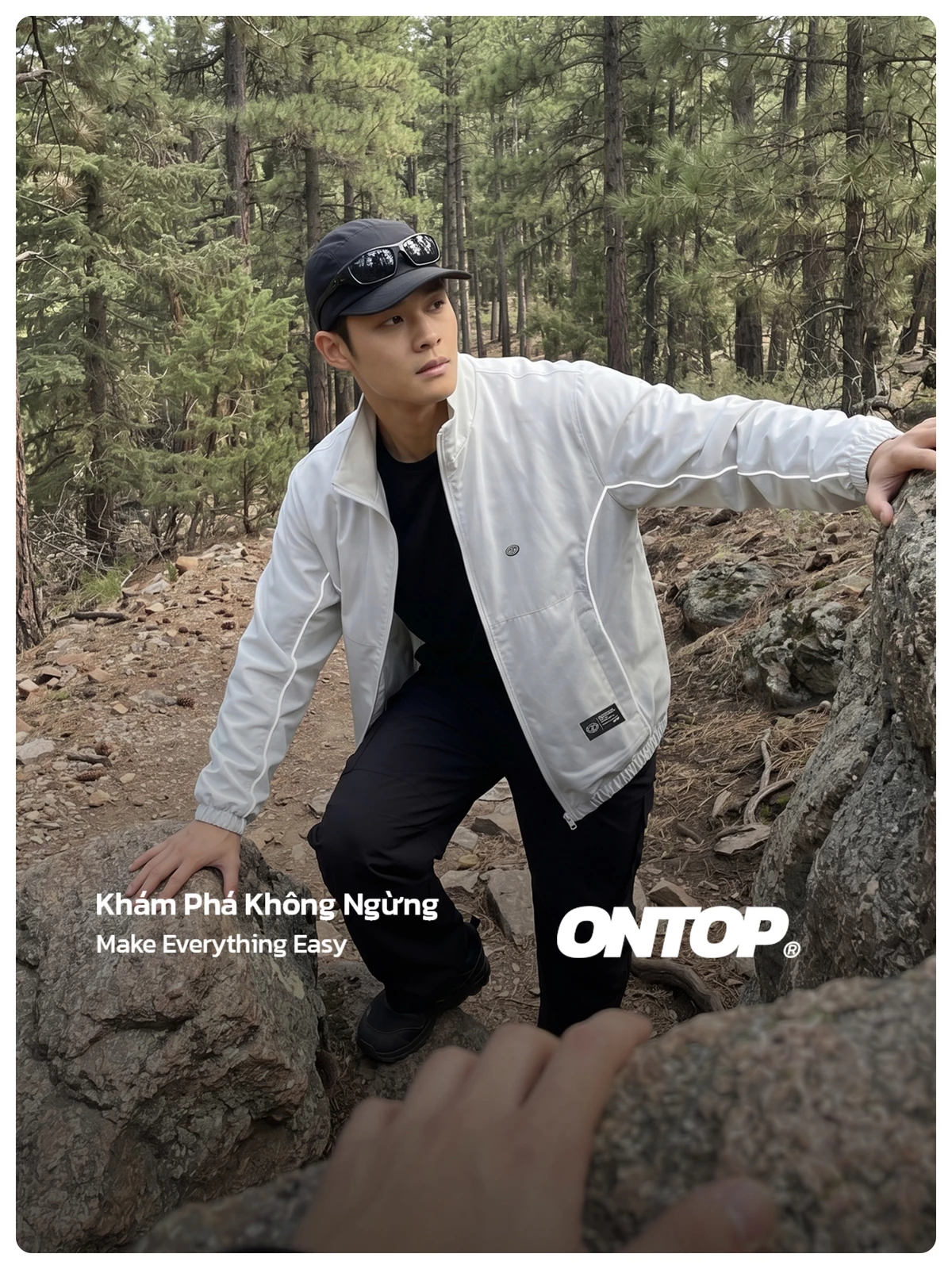 Áo khoác gió phối viền 2 lớp nam nữ ONTOP chống nước, cổ trụ màu đen, xám trắng Wind Track Jacket | O-AK5