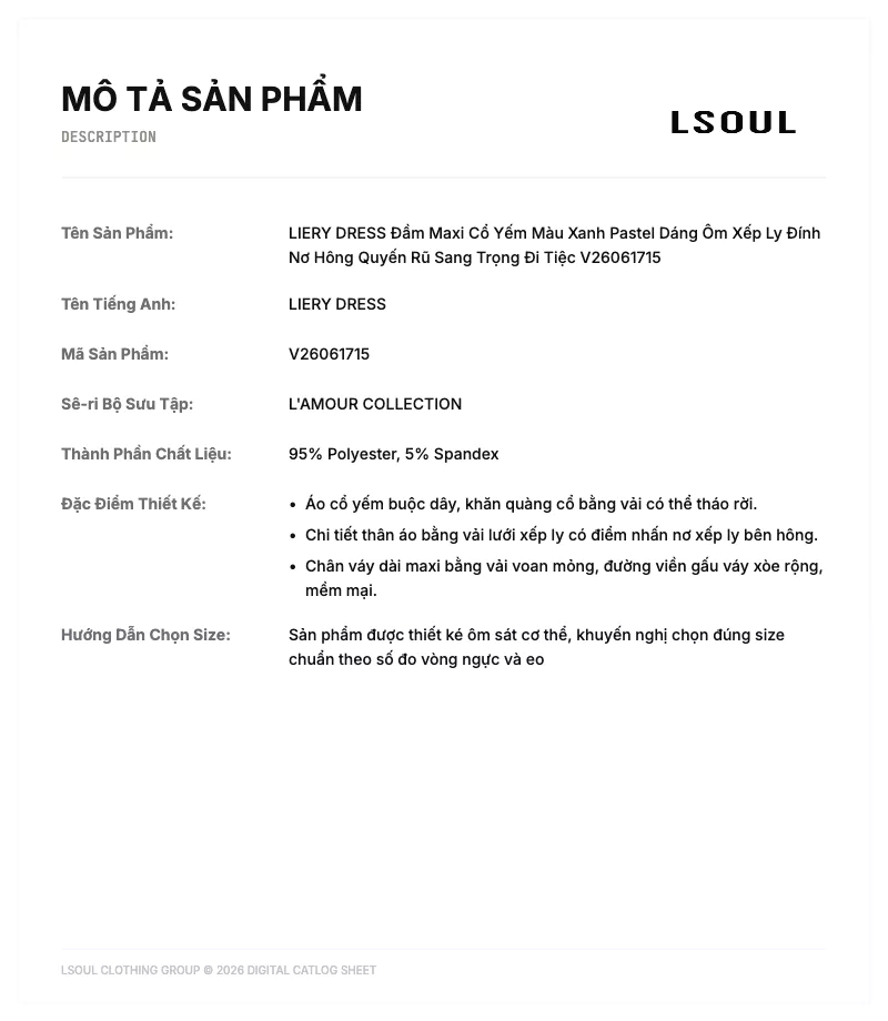 [MỞ BÁN] LSOUL - Đầm Maxi Cổ Yếm Dáng Ôm Xếp Ly Đính Nơ Hông Quyến Rũ Liery Dress V26061715
